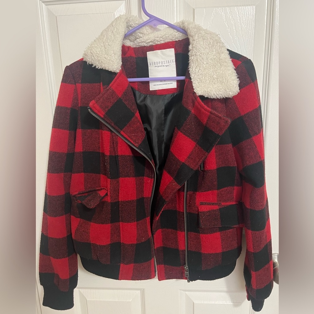 Aeropostale jacket. USM, Red and black plaid design.White fur around collar